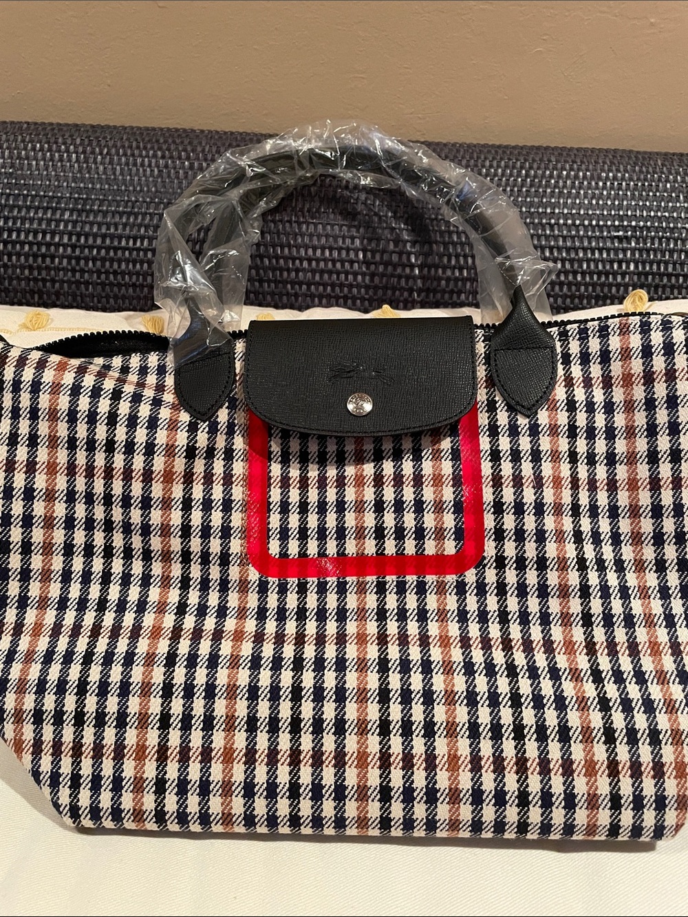 Brand new longchamp Checked Tote with Black Trim and Red Accent